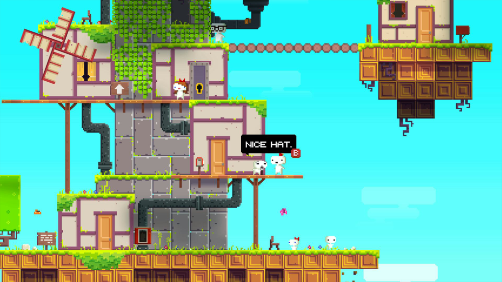 A screenshot from Fez, showing the player speaking to an NPC.