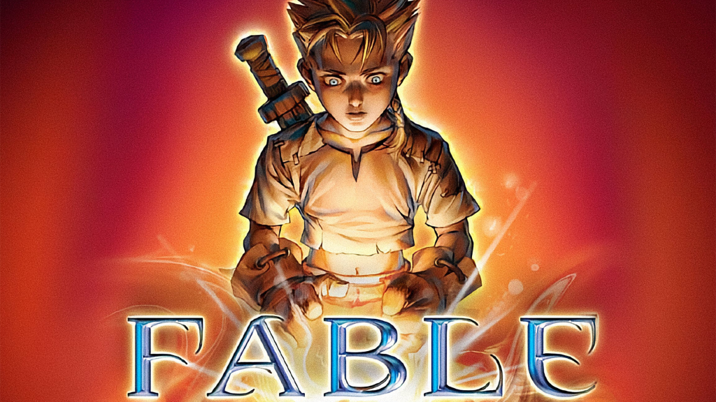 The player character in Fable looking down upon the franchise logo.