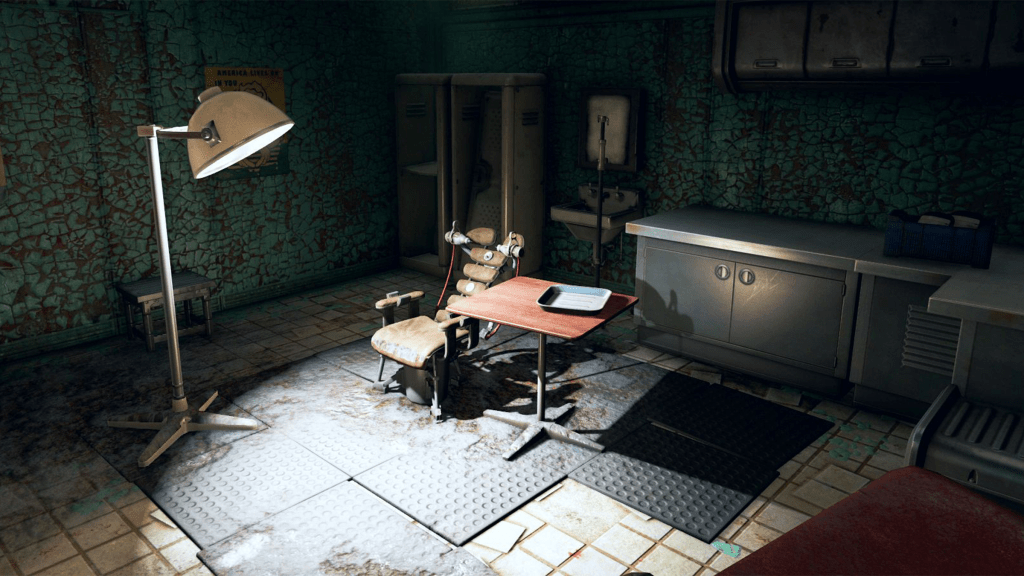 A screenshot from Fallout 4, showing a medical room in Vault 94.