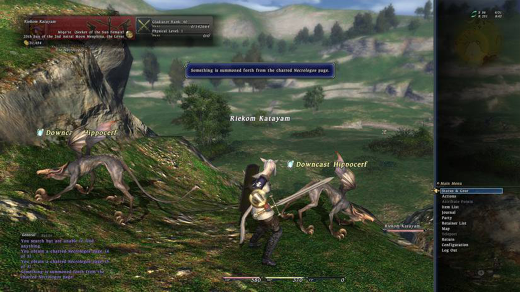 A screenshot from an early release of Final Fantasy XIV Online, showing a player character wielding a sword with two creatures nearby.