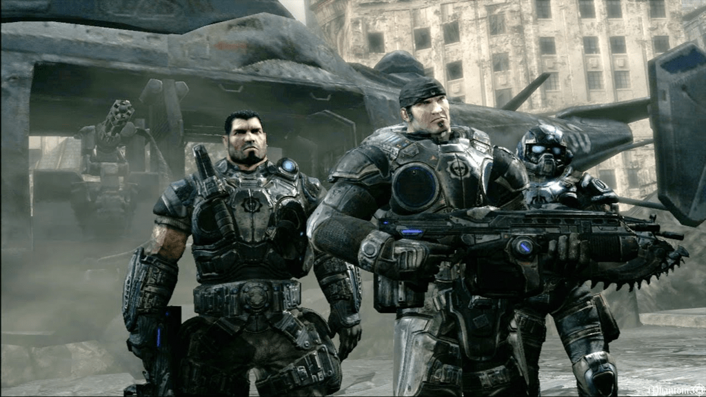 Characters from Gears of War standing together in front of an aircraft.