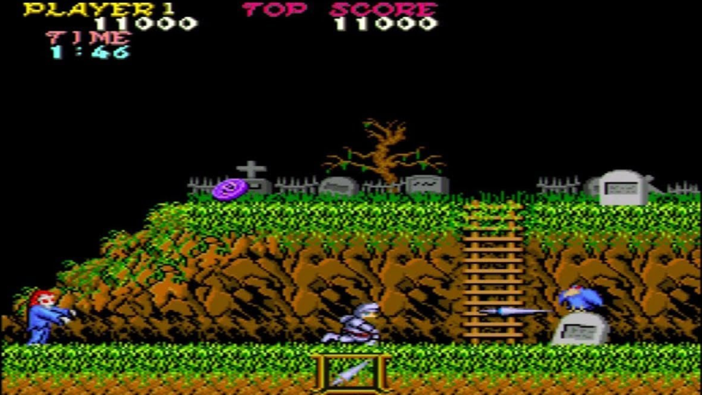 A screenshot from Capcom's Ghosts' n Goblins on the Nintendo Entertainment System, showing the player running through the first stage.
