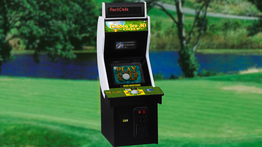 New Wave Toys' Golden Tee mini arcade cabinet in front of a gold course and water hazard.