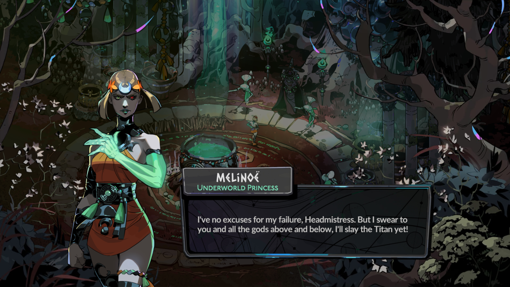 A screenshot from Hades II, showing a dialogue box within the game's narrative.
