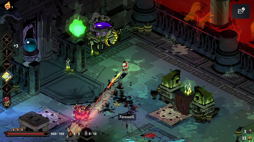 A screenshot from Hades, showing combat in a procedurally generated level.