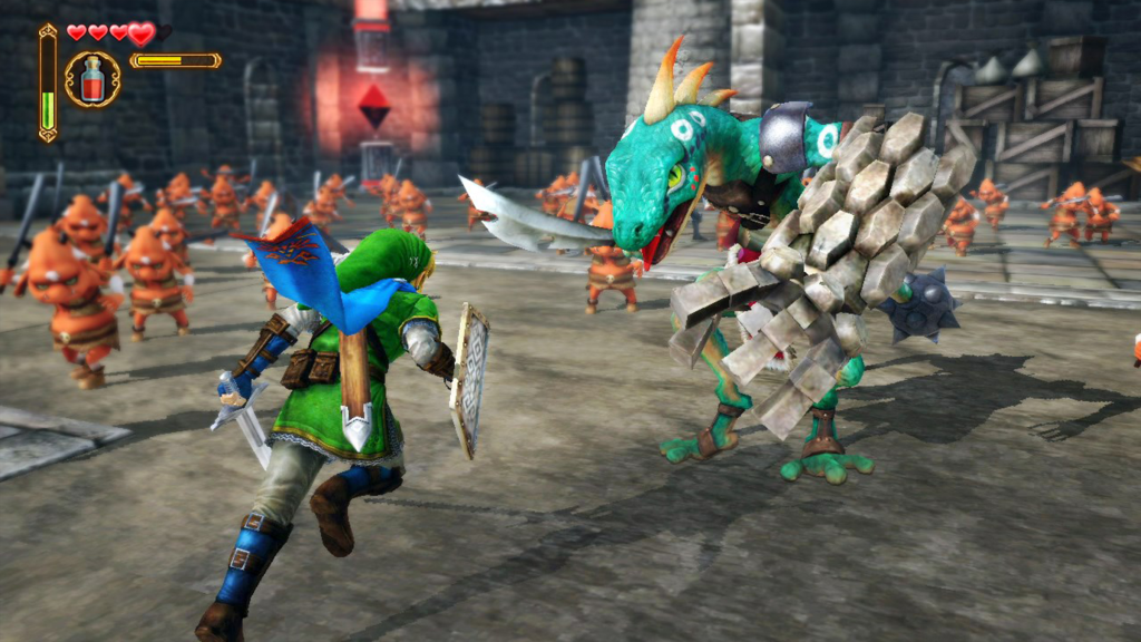 A screenshot from Hyrule Warriors, showing Link engaging in battle with a snake-headed enemy.