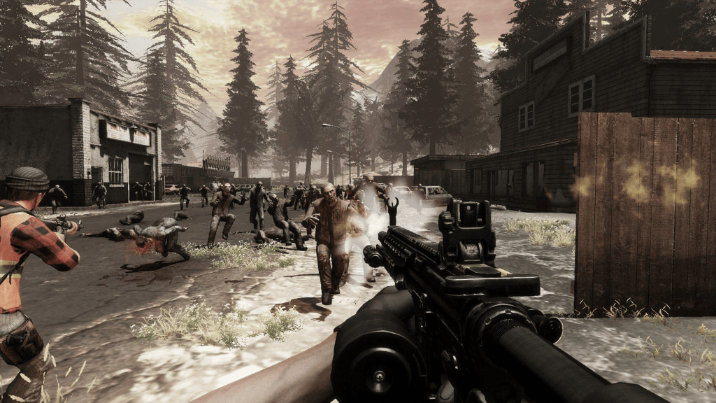 A FPS view of a player shooting at a horde of zombies in Infestation: Survivor Stories.