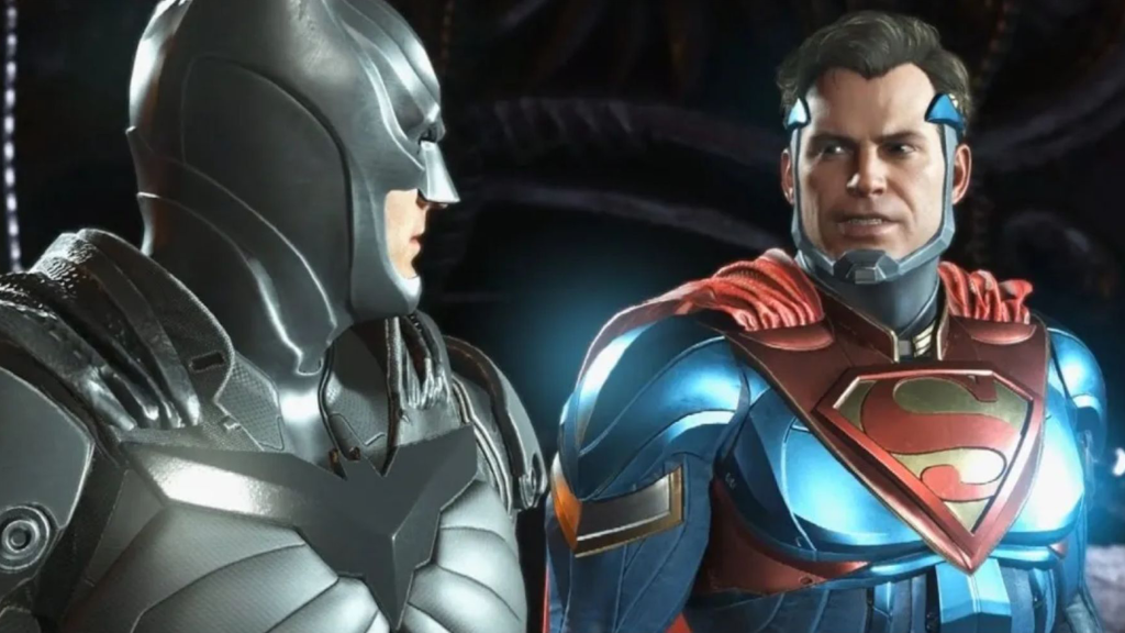 Batman and Superman standing together in an Injustice 2 cutscene.