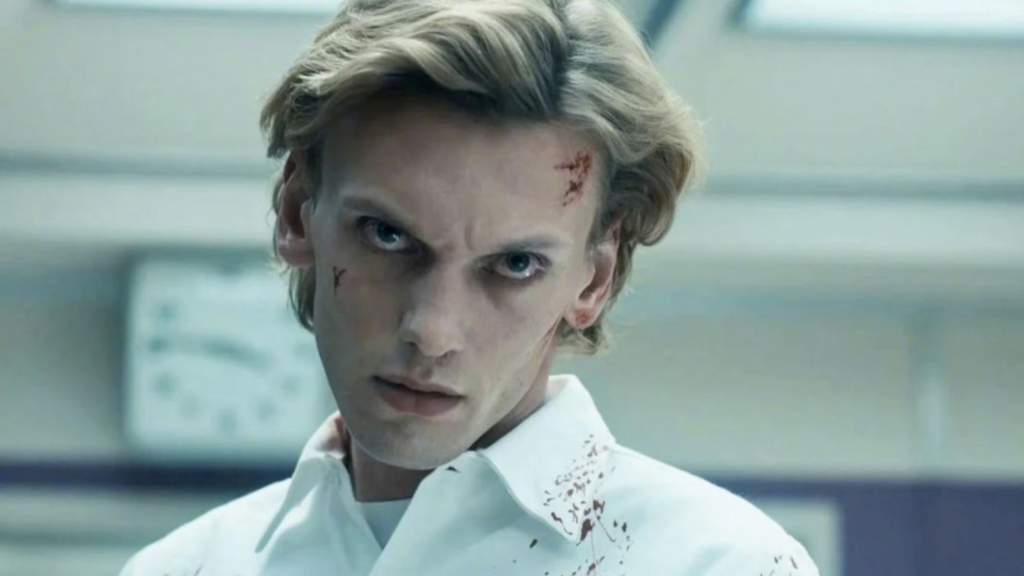Jamie Campbell Bower as Henry looking angry and bloody in Stranger Things Season 4