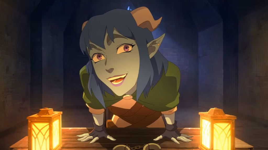 Jester leaning over a table and talking in The Mighty Nein