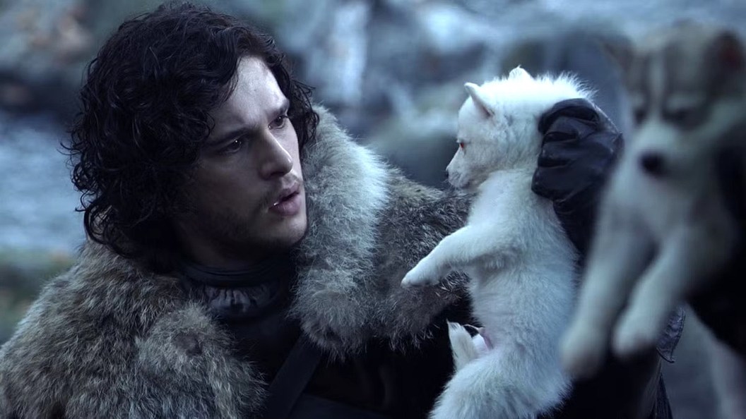Jon Snow holding baby Ghost in the Game of Thrones pilot