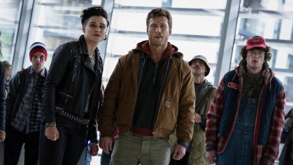 Katy O'Brian and Glen Powell in The Running Man