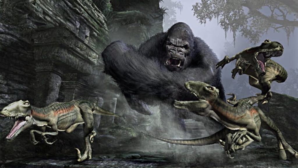 A screenshot from King Kong: The Official Game of the Movie, showing King Kong fighting a group of dinosaurs.