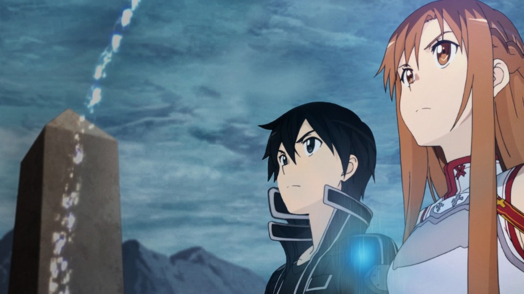 Kirito and Asuna looking up at something in Sword Art Online