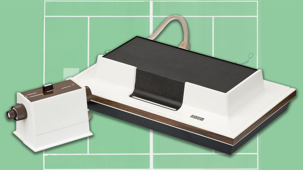 The Magnavox Odyssey and its controller, over a screenshot from its tennis game.