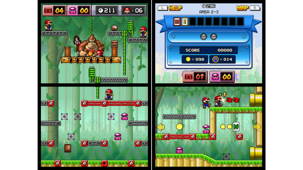 Two side-by-side screenshots from Mario vs. Donkey Kong: Mini-Land Mayhem!.