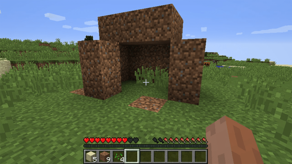 A screenshot from Minecraft, showing a small dirt construction.