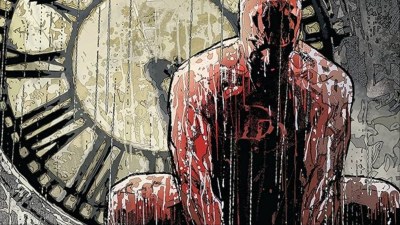 Daredevil in the rain sitting in front of a clock
