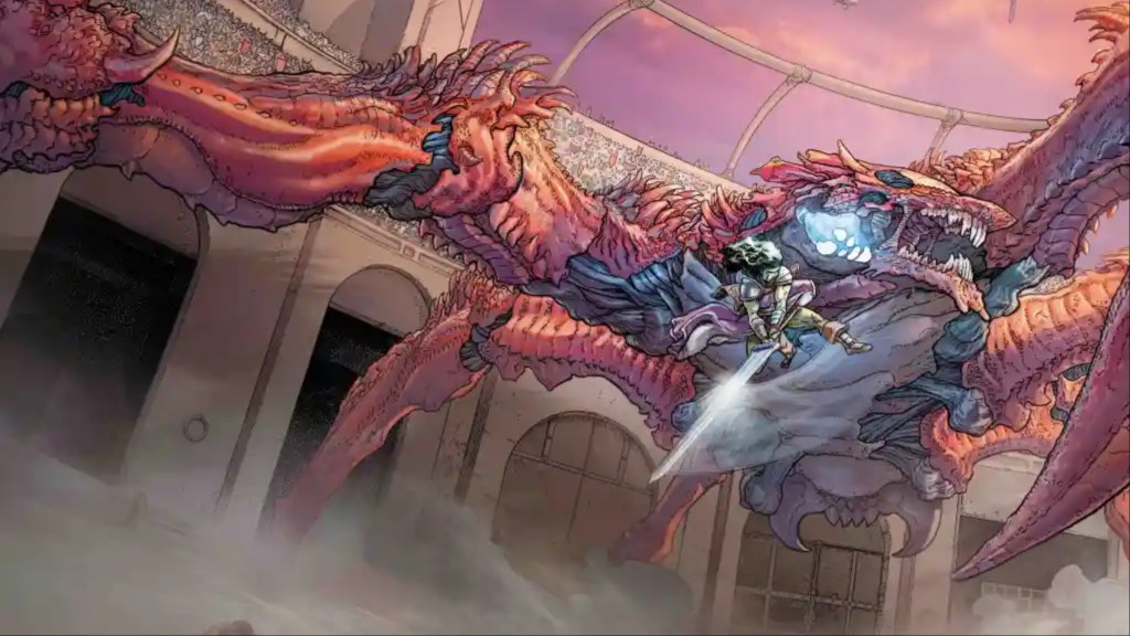 She-Hulk battling a monster in a Sakaar gladiatorial arena
