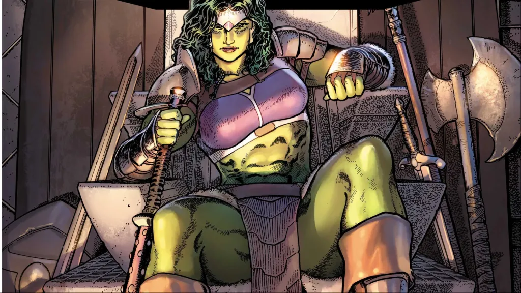 She-Hulk sitting on a throne