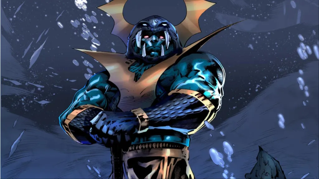Attuma standing on the ocean floor holding his ax
