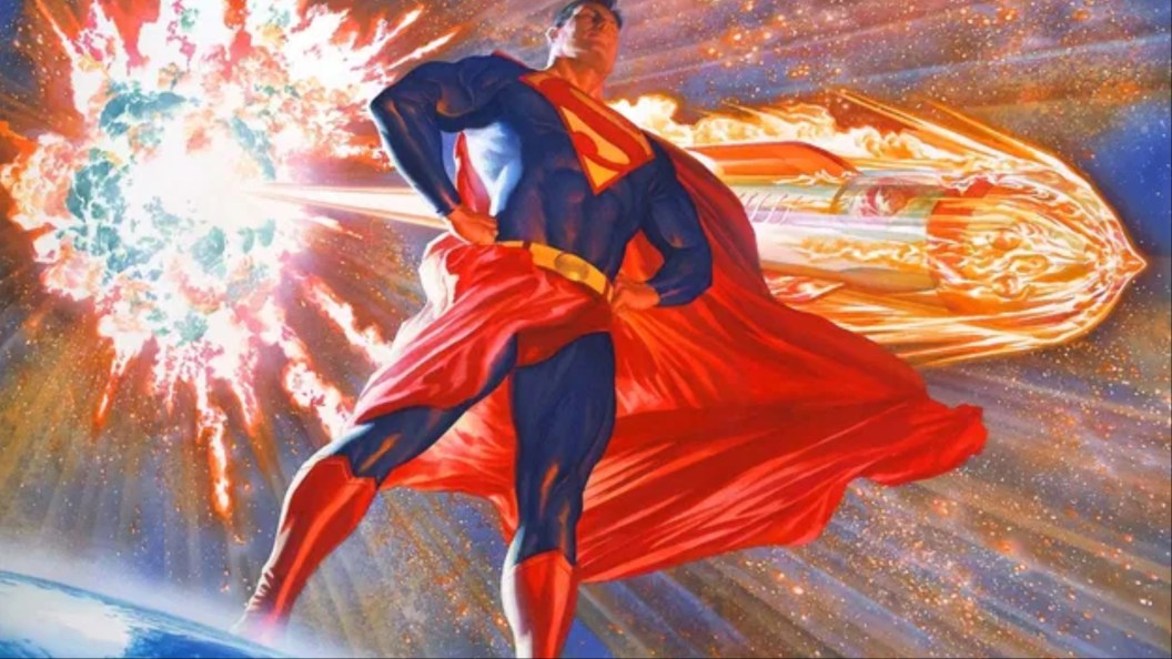 Superman with his hands on his hips, with the scene of the destruction of Krypton behind him