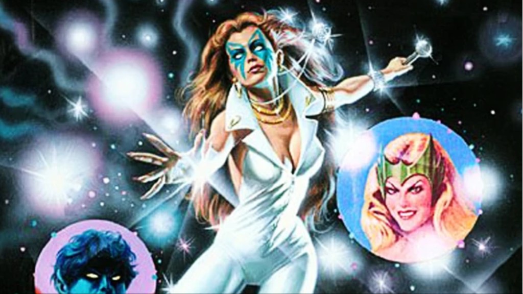 Dazzler surrounded by lights and stars with Enchantress and Nightcrawler's heads floating near her