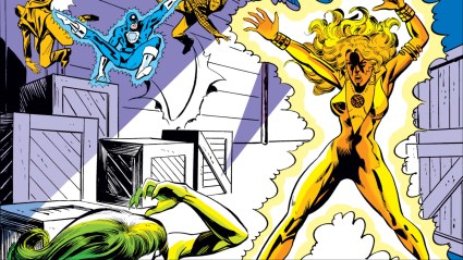 Dazzler glowing with power as she battles her enemies