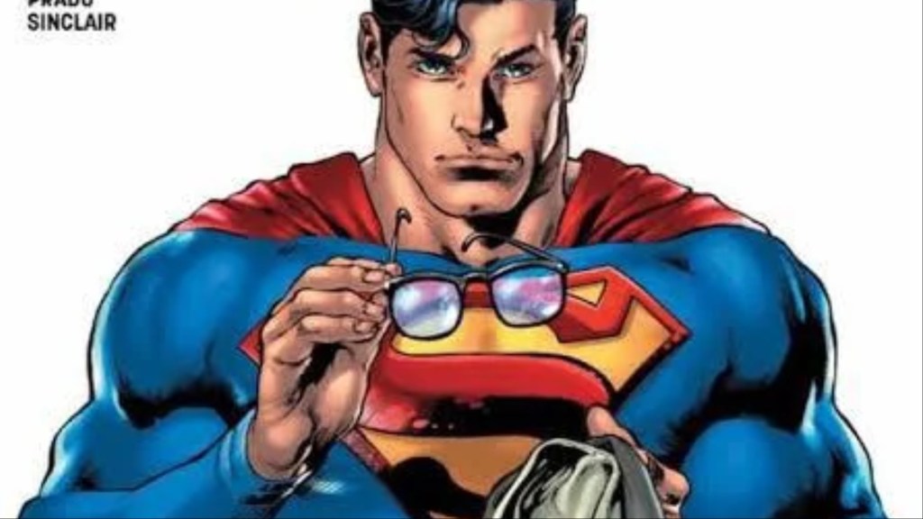 Superman holding Clark Kent's glasses