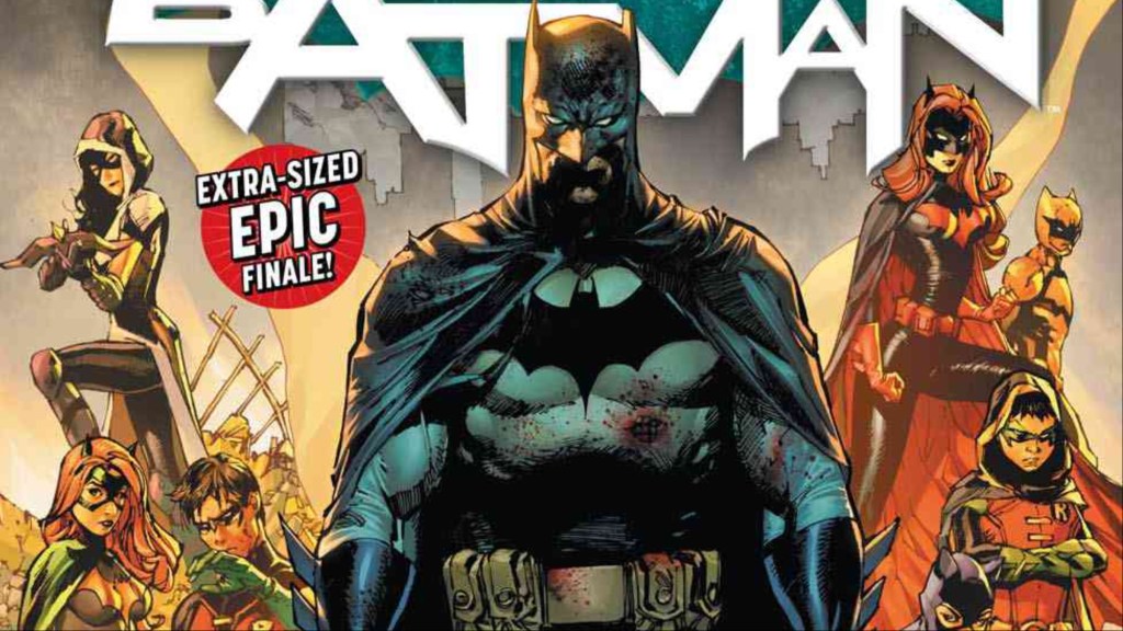 Batman standing in front of members of the Bat-Family