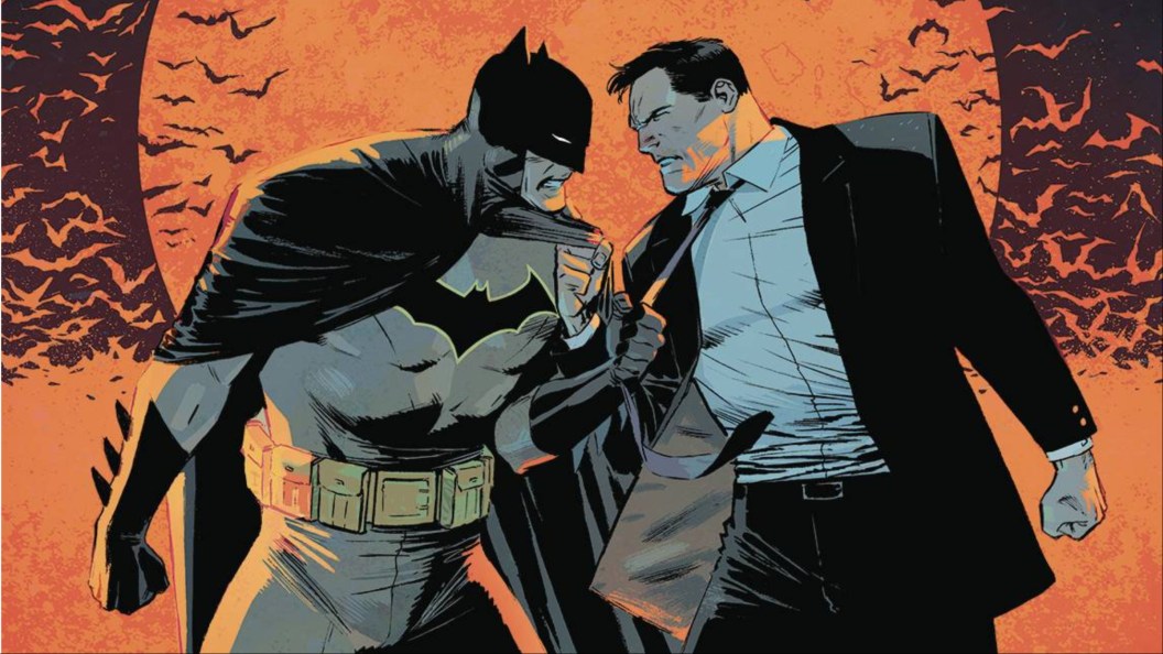 Batman and Bruce Wayne at each other's throats as bats fly behind them
