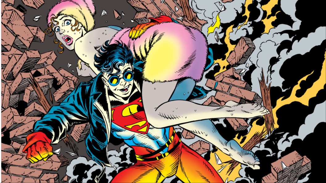 Superboy saving a girl in a towel from a collapsing building