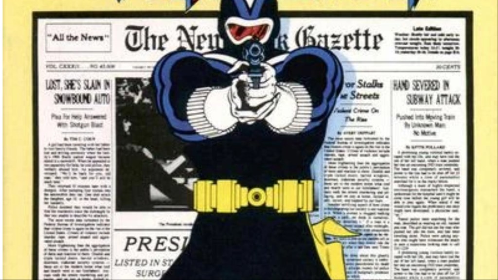 Vigilante pointing a gun at the viewer with a newspaper behind him