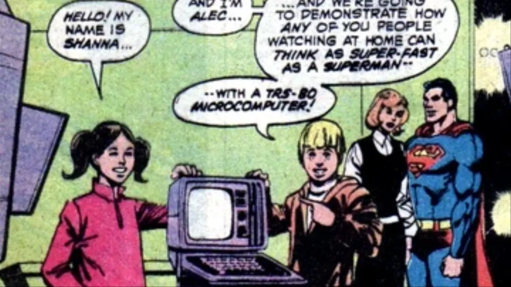Shanna and Alec talking about the TRS-80 computer with Superman and a woman behind them