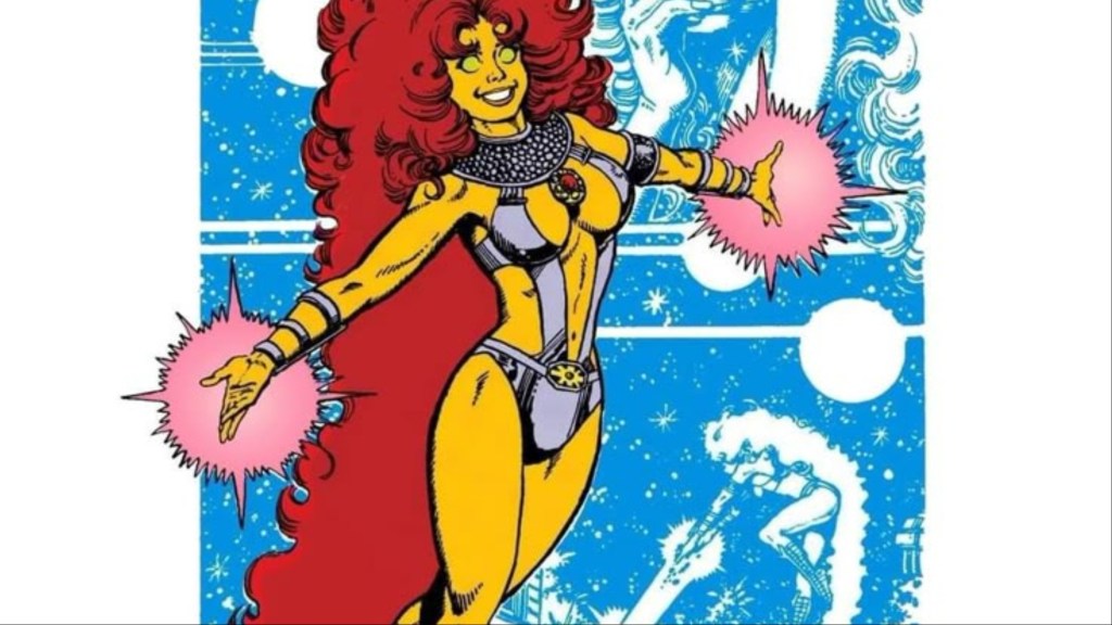 Starfire with her hands wreathed with energy and her arms spread, while scenes of her behind her