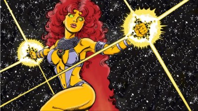 Starfire flying in space with her hands wreathed in energy