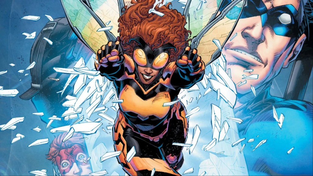 Bumblebee flying through glass with Nightwing and Wally West behind her