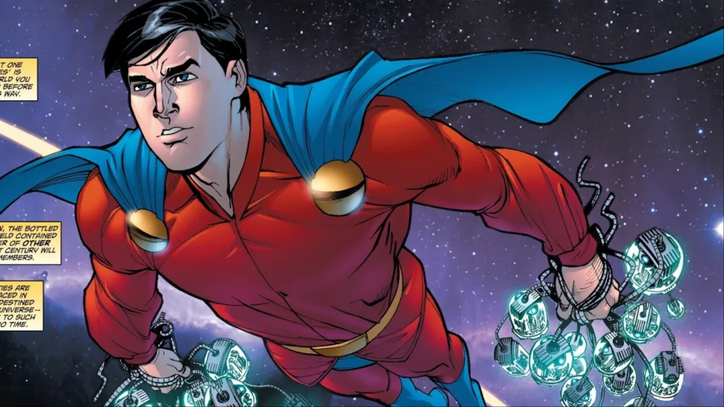 Mon-El flying through space holding pieces of technology