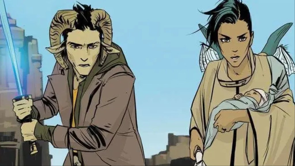 Marko with a sword while Alana holds her baby