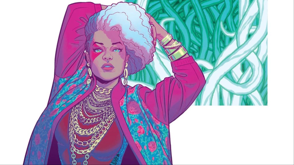 Persephone standing in a front of twisted tendrils