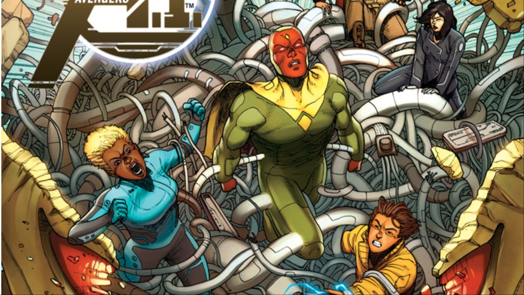 Vision leading Victor LaMancha and the Avengers AI Squad into battle