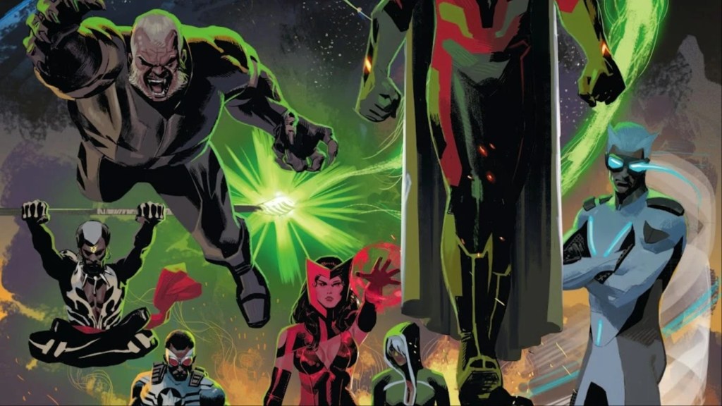 Quicksilver, Vision, Rogue, Scarlet Witch, Brother Voodoo, and Sabretooth joined together