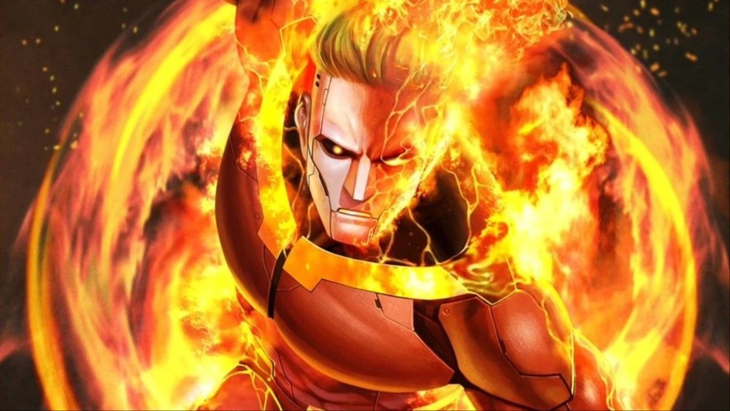 Jim Hammond flying surrounded by fire