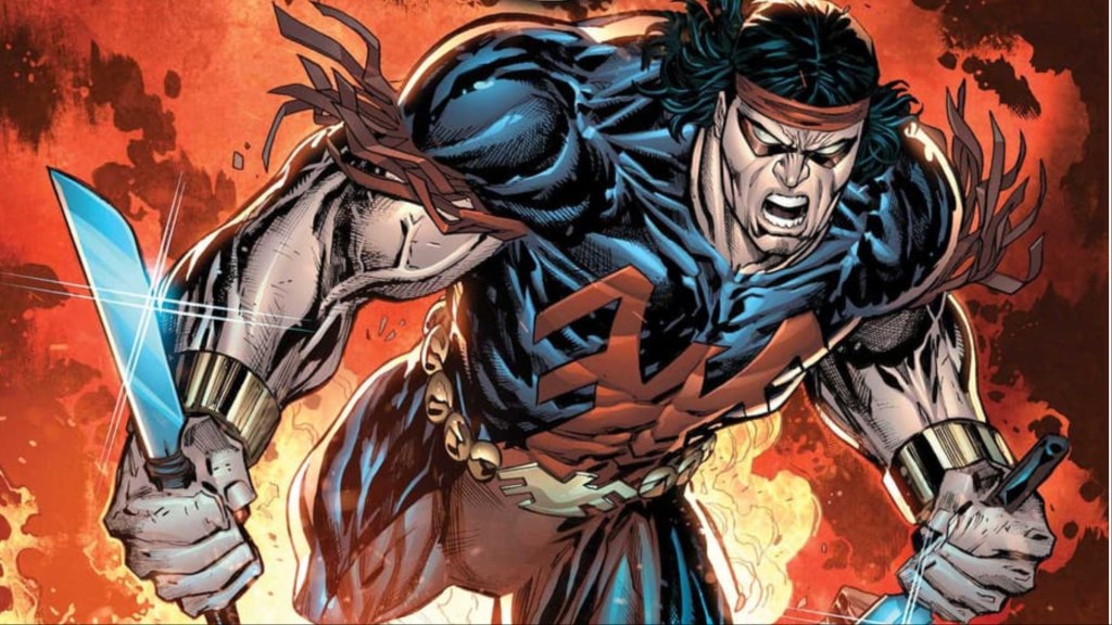 Thunderbird I running from a fire with knives in his hands