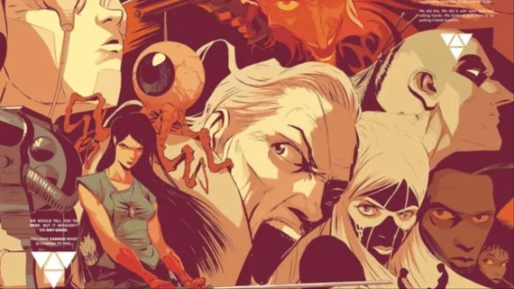 The cover to East of West #45 featuring Death, his son the Beast, his wife, and numerous other characters