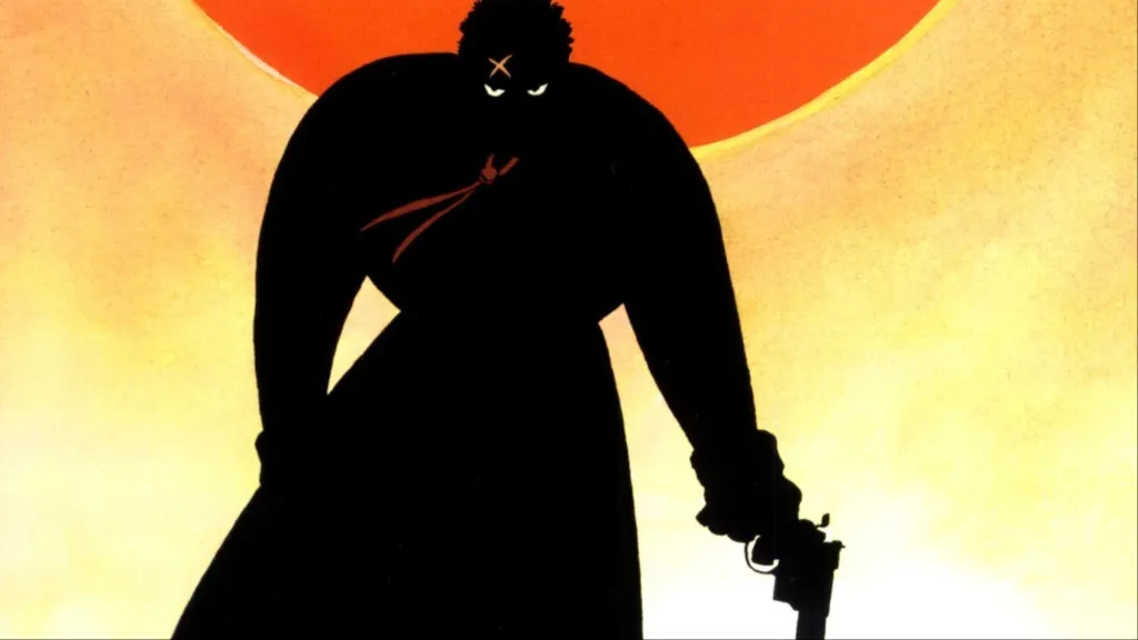 John Hartigan holding his gun with the sun going down behind him