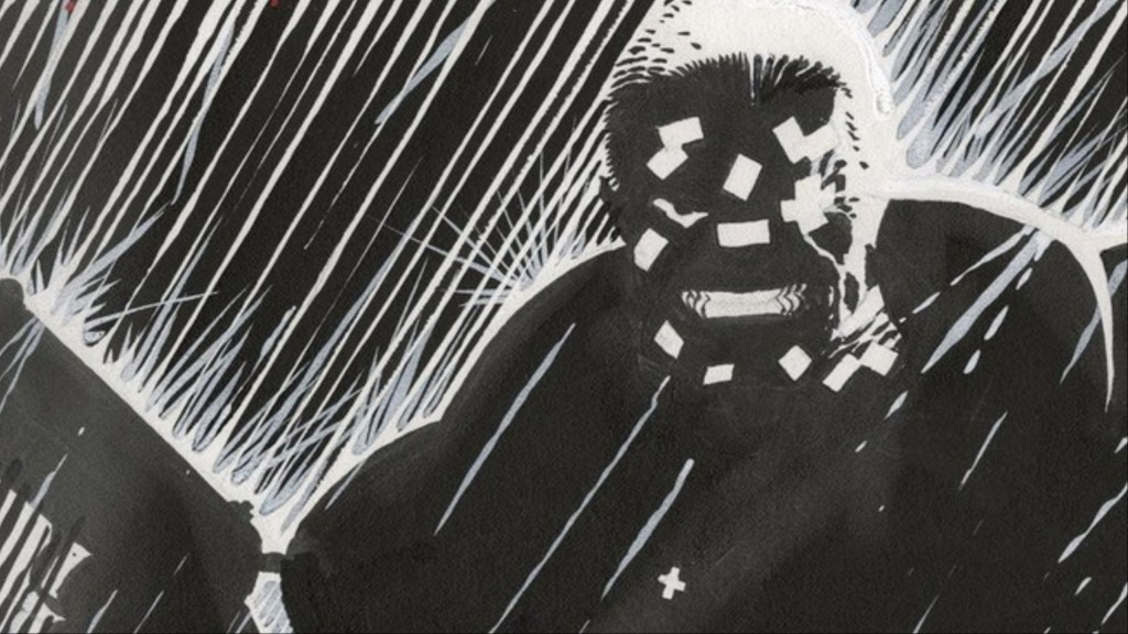 Marv standing in the rain holding a gun