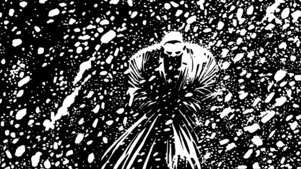 Marv from Sin City walking in the snow