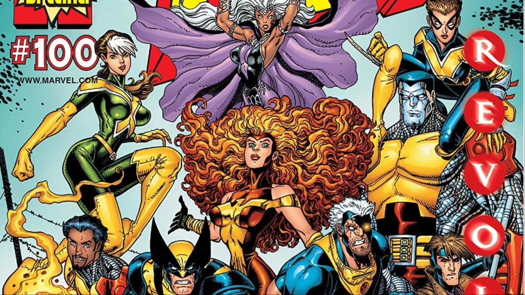 Rogue, Storm, Kitty Pryde, Colossus, Jean Grey, Thunderbird II, Wolverine, Gambit, and Cable gathered together