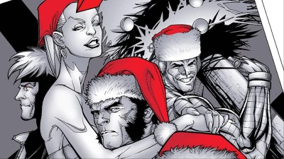 Gambit, Storm, Wolverine, and Colossus in Christmas hats